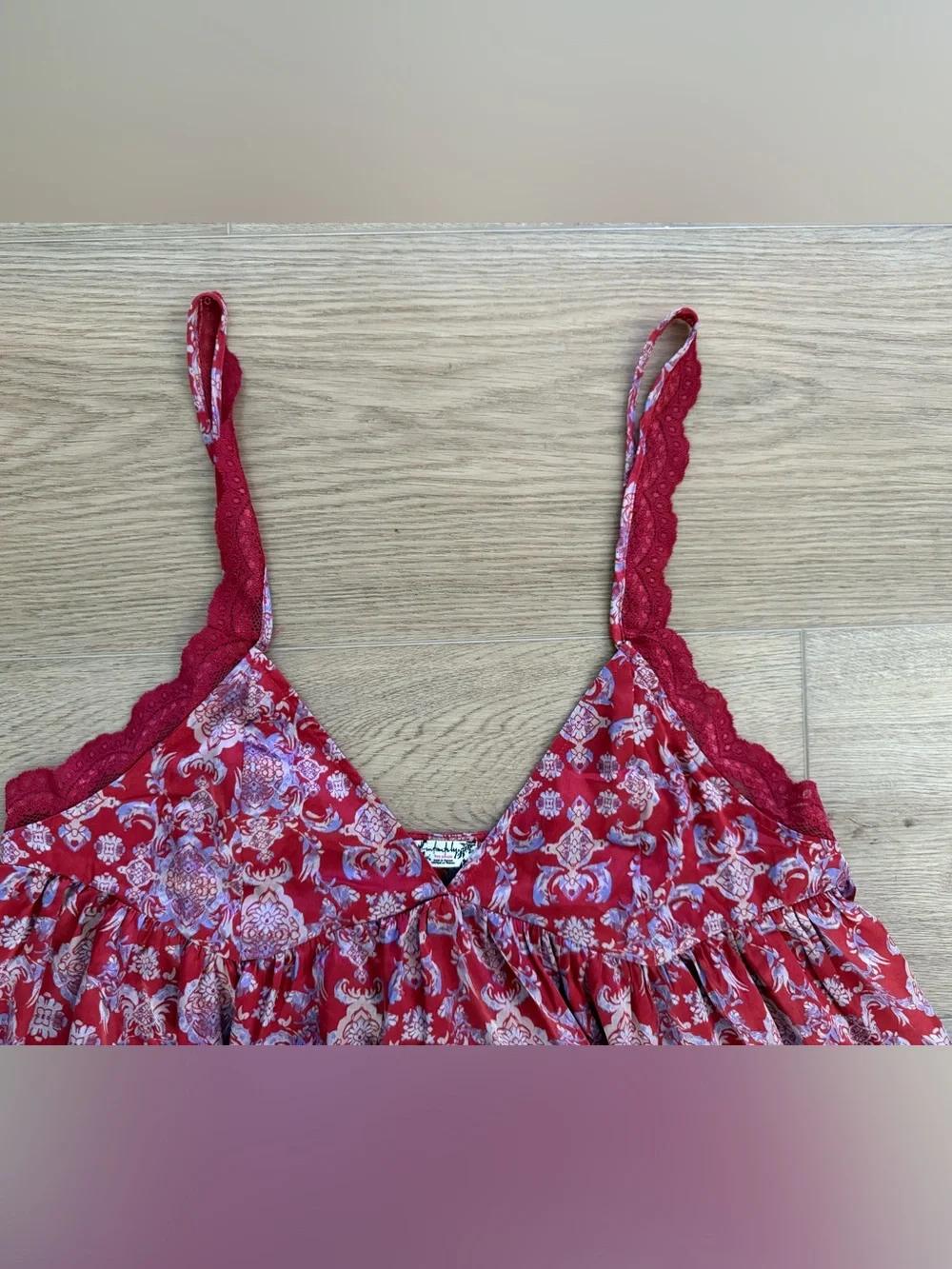 Intimately Free People Red Floral Babydoll Cami Tank Lace Trim XL